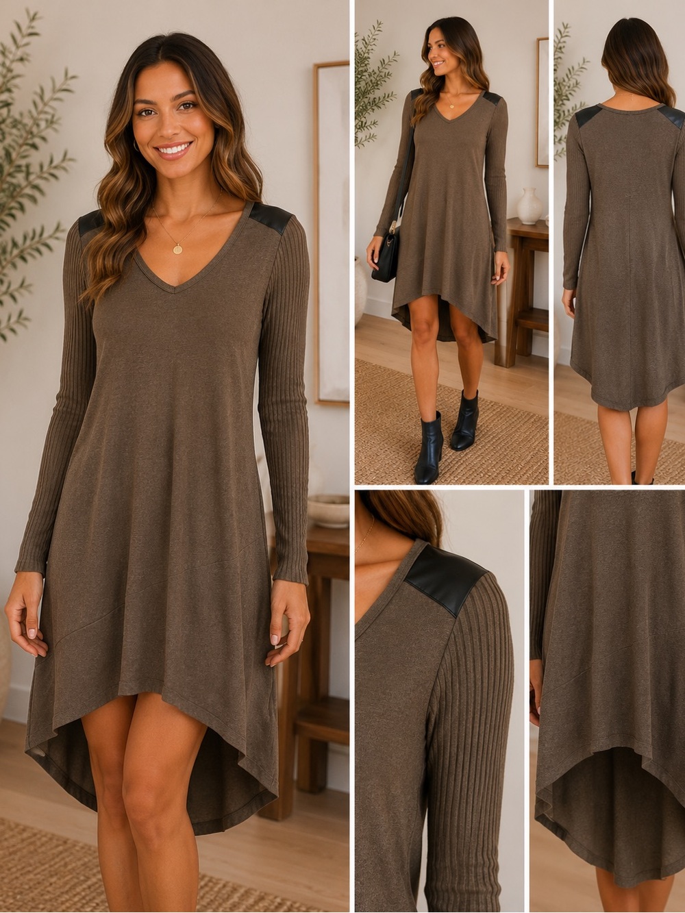 AMS Pure Relaxed V-Neck Long Sleeve Wool And Leather Dress